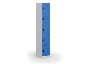 Šatní skříňka s úložnými boxy, 5 boxů, 1850 x 300 x 500 mm, kódový zámek, modré dveře