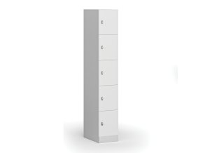 Šatní skříňka s úložnými boxy, 5 boxů, 1850 x 300 x 500 mm, otočný zámek, laminované dveře, bílá