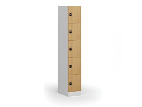 Šatní skříňka s úložnými boxy, 5 boxů, 1850 x 300 x 500 mm, RFID zámek, laminované dveře, buk