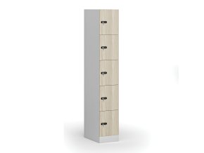 satni skrinka s uloznymi boxy 5 boxu 1850 x 300 x 500 mm mechanicky kodovy zamek laminovane dvere dub prirodni 111014