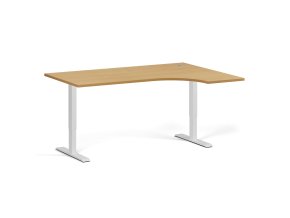 Rohový výškově nastavitelný stůl, 160x120 cm, 2 motory, L/P, bílá podnož, buk