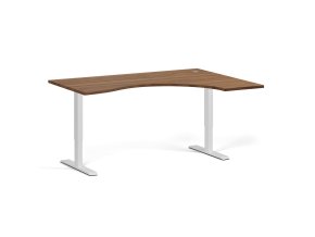 Ergonomický výškově nastavitelný stůl. 160x120 cm, 2 motory, L/P, bílá podnož, ořech