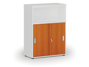 Kombinovaná kancelářská skříň se zásuvnými dveřmi PRIMO WHITE, 800 x 420 x 1087 mm, bílá/třešeň