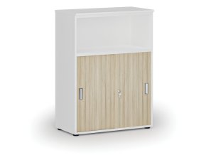 Kombinovaná kancelářská skříň se zásuvnými dveřmi PRIMO WHITE, 800 x 420 x 1087 mm, bílá/dub přírodní