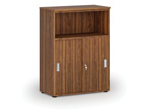 Kombinovaná kancelářská skříň se zásuvnými dveřmi PRIMO WOOD, 800 x 420 x 1087 mm, ořech