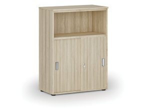 Kombinovaná kancelářská skříň se zásuvnými dveřmi PRIMO WOOD, 800 x 420 x 1087 mm, dub přírodní
