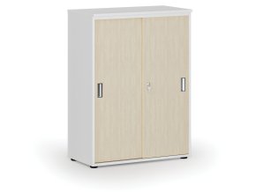 Kancelářská skříň se zasouvacími dveřmi PRIMO WHITE, 800 x 420 x 1087 mm, bílá/bříza