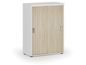 Kancelářská skříň se zasouvacími dveřmi PRIMO WHITE, 800 x 420 x 1087 mm, bílá/dub přírodní