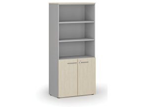 Kombinovaná kancelářská skříň PRIMO GRAY, dveře na 2 patra, 800 x 420 x 1781 mm, šedá/bříza