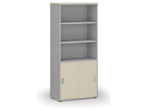 Kombinovaná kancelářská skříň PRIMO GRAY, zasouvací dveře na 2 patra, 800 x 420 x 1781 mm, šedá/bříza