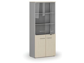 Kombinovaná kancelářská skříň PRIMO GRAY s dřevěnými a skleněnými dveřmi, 800 x 420 x 1781 mm, šedá/bříza