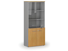 Kombinovaná kancelářská skříň PRIMO GRAY s dřevěnými a skleněnými dveřmi, 800 x 420 x 1781 mm, šedá/buk