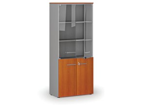 Kombinovaná kancelářská skříň PRIMO GRAY s dřevěnými a skleněnými dveřmi, 800 x 420 x 1781 mm, šedá/třešeň