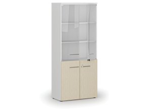 Kombinovaná kancelářská skříň PRIMO WHITE s dřevěnými a skleněnými dveřmi, 800 x 420 x 1781 mm, bílá/bříza