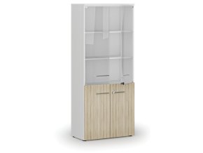 Kombinovaná kancelářská skříň PRIMO WHITE s dřevěnými a skleněnými dveřmi, 800 x 420 x 1781 mm, bílá/dub přírodní
