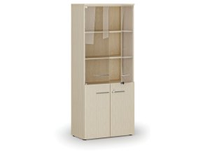 Kombinovaná kancelářská skříň PRIMO WOOD s dřevěnými a skleněnými dveřmi, 800 x 420 x 1781 mm, bříza