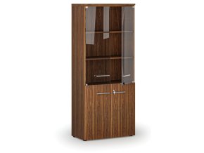 Kombinovaná kancelářská skříň PRIMO WOOD s dřevěnými a skleněnými dveřmi, 800 x 420 x 1781 mm, ořech