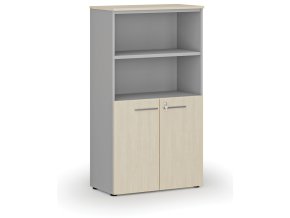 Kombinovaná kancelářská skříň PRIMO GRAY, dveře na 2 patra, 800 x 420 x 1434 mm, šedá/bříza