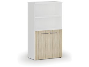 Kombinovaná kancelářská skříň PRIMO WHITE, dveře na 2 patra, 800 x 420 x 1434 mm, bílá/dub přírodní
