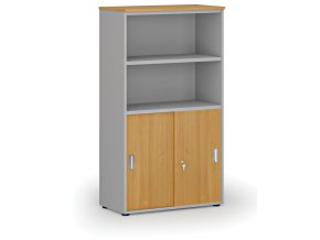 Kombinovaná kancelářská skříň PRIMO GRAY, zasouvací dveře na 2 patra, 800 x 420 x 1434 mm, šedá/buk