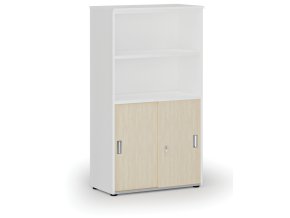 Kombinovaná kancelářská skříň PRIMO WHITE, zasouvací dveře na 2 patra, 800 x 420 x 1434 mm, bílá/bříza
