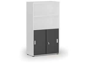 Kombinovaná kancelářská skříň PRIMO WHITE, zasouvací dveře na 2 patra, 800 x 420 x 1434 mm, bílá/grafit