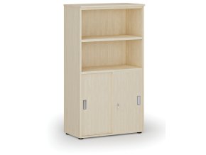 Kombinovaná kancelářská skříň PRIMO WOOD, zasouvací dveře na 2 patra, 800 x 420 x 1434 mm, bříza