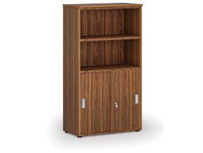 Kombinovaná kancelářská skříň PRIMO WOOD, zasouvací dveře na 2 patra, 800 x 420 x 1434 mm, ořech