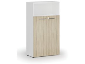 Kombinovaná kancelářská skříň PRIMO WHITE, dveře na 3 patra, 800 x 420 x 1434 mm, bílá/dub přírodní