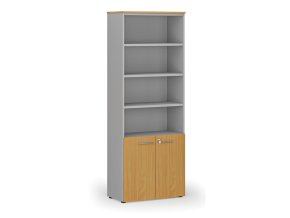 Kombinovaná kancelářská skříň PRIMO GRAY, dveře na 2 patra, 2128 x 800 x 420 mm, šedá/buk