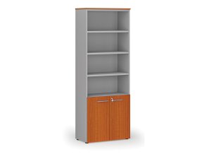 Kombinovaná kancelářská skříň PRIMO GRAY, dveře na 2 patra, 2128 x 800 x 420 mm, šedá/třešeň