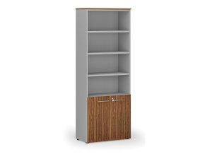 Kombinovaná kancelářská skříň PRIMO GRAY, dveře na 2 patra, 2128 x 800 x 420 mm, šedá/ořech