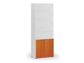 Kombinovaná kancelářská skříň PRIMO WHITE, dveře na 2 patra, 2128 x 800 x 420 mm, bílá/třešeň