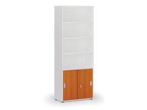 Kombinovaná kancelářská skříň PRIMO WHITE, zasouvací dveře na 2 patra, 800 x 420 x 2128 mm, bílá/třešeň