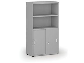 Kombinovaná kancelářská skříň PRIMO GRAY, zasouvací dveře na 2 patra, 800 x 420 x 1434 mm, šedá