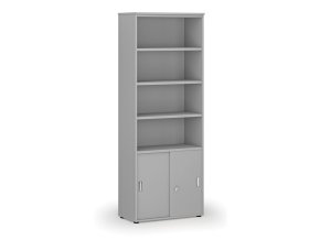 Kombinovaná kancelářská skříň PRIMO GRAY, zasouvací dveře na 2 patra, 2128 x 800 x 420 mm, šedá