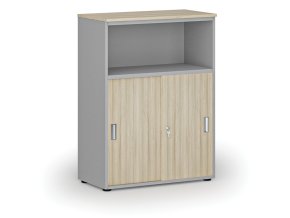 Kombinovaná kancelářská skříň se zásuvnými dveřmi PRIMO GRAY, 800 x 420 x 1087 mm, šedá/dub přírodní
