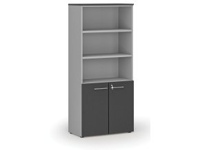 Kombinovaná kancelářská skříň PRIMO GRAY, dveře na 2 patra, 800 x 420 x 1781 mm, šedá/grafit
