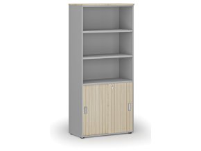 Kombinovaná kancelářská skříň PRIMO GRAY, zasouvací dveře na 2 patra, 800 x 420 x 1781 mm, šedá/dub přírodní