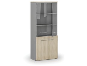 Kombinovaná kancelářská skříň s dřevěnými a skleněnými dveřmi PRIMO GRAY, 800 x 420 x 1781 mm, šedá/dub přírodní