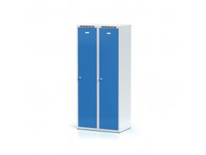 Kovová šatní skříňka s mezistěnou, 2-dveřová, modré dveře, cylindrický zámek