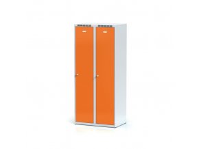 Kovová šatní skříňka s mezistěnou, 2-dveřová, oranžové dveře, otočný zámek