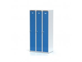 Kovová šatní skříňka 3-dílná, modré dveře, cylindrický zámek
