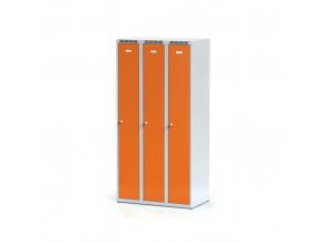 Kovová šatní skříňka 3-dílná, oranžové dveře, cylindrický zámek