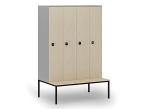 Dřevěná šatní skříňka s lavičkou, 4 oddíly, 1871 x 1200 x 500/800 mm, RFID zámek, šedá/bříza