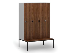 Dřevěná šatní skříňka s lavičkou, 4 oddíly, 1871 x 1200 x 500/800 mm, RFID zámek, šedá/ořech