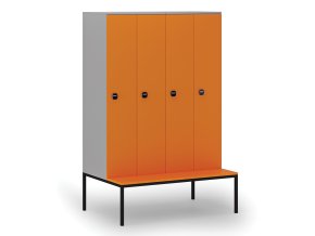 Dřevěná šatní skříňka s lavičkou, 4 oddíly, 1871 x 1200 x 500/800 mm, RFID zámek, šedá/oranžová