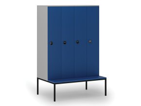 Dřevěná šatní skříňka s lavičkou, 4 oddíly, 1871 x 1200 x 500/800 mm, RFID zámek, šedá/modrá