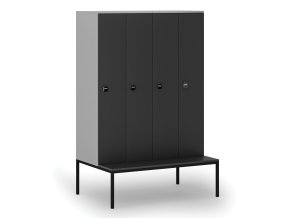 Dřevěná šatní skříňka s lavičkou, 4 oddíly, 1871 x 1200 x 500/800 mm, RFID zámek, šedá/grafit