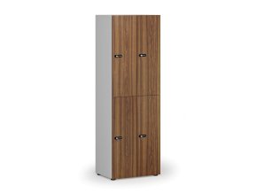 Dřevěná šatní skříňka s úložnými boxy, 4 boxy, mechanický kódový zámek, šedá/ořech